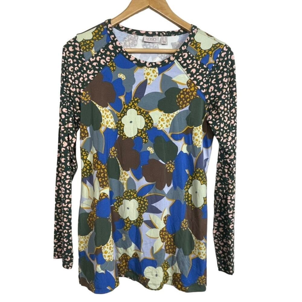 Logo by Lori Goldstein Long Sleeve Tunic Top Size XS Mixed Floral Animal Print